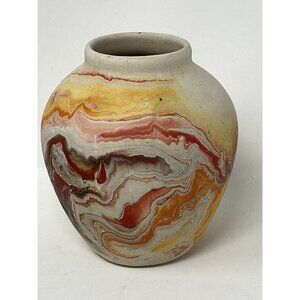 Vintage Nemadji USA Pottery Deep Orange Ted Yellow Swirl Vase 5” Minnesota
